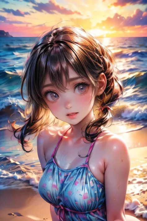 a cute young girl with short twin tails and ribbons, on a sandy beach in the summer, wearing a swimsuit, looking happy and joyfu...