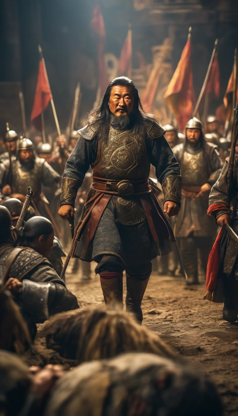 Genghis Khan leading his troops in his later years, showing his enduring strength and leadership, background dark gold, hyper realistic, ultra detailed hyper realistic, photorealistic, Studio Lighting, reflections, dynamic pose, Cinematic, Color Grading, Photography, Shot on 50mm lens, Ultra-Wide Angle, Depth of Field, hyper-detailed, beautifully color, 8k