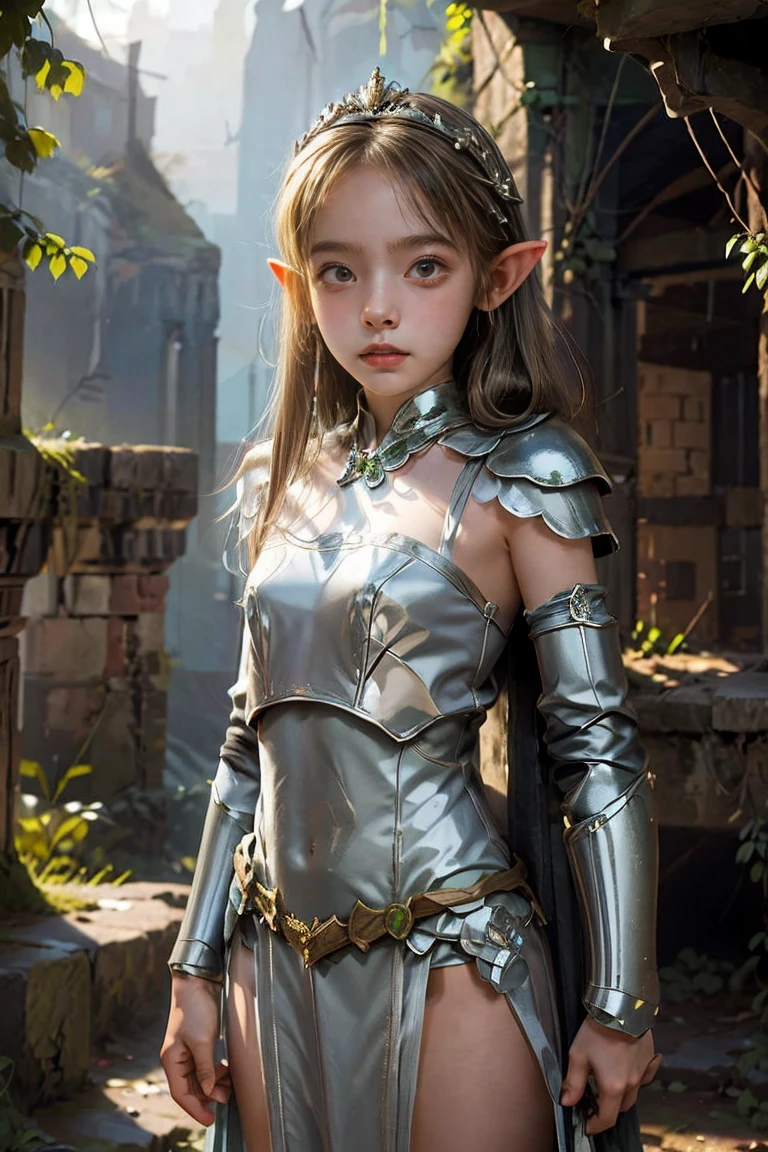 (High resolution) 1 Girl, alone, Fairy girl in armor, Elf Girl, Fairy, armor, Medieval costume, Crown in the cave, Cape, Ruins of ancient Greece,Bondage Armor
