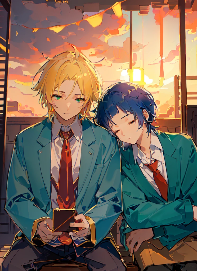 Two boys，Shoulder to Shoulder，Close your eyes，sleep，The person on the left has blond hair，The person on the right has dark blue hair，Blue-green school uniform，White shirt，Red tie，Black pants，Sitting on a bench，背景是Sunset，Sunset，sunset，美丽的Sunset，Sunset光影，Backlight，Correct warm lighting，8K，Correct human body，Detailed eye painting，illustration，Highest quality，Exquisite，Detailed face，Masterpiece，flat chest，Slim，young，16 years old，High-end，Hand Painted，Official Fanart, Visual novel, Anime style，Girly Romance, Produced by Anime Painter Studio，masterpiece, best quality, Sharp focus, Intricate details, Perfect, Golden Ratio Composition, 8K resolution, High resolution, fair, fair sky, Vibrant pastel colors, Vibrant colors