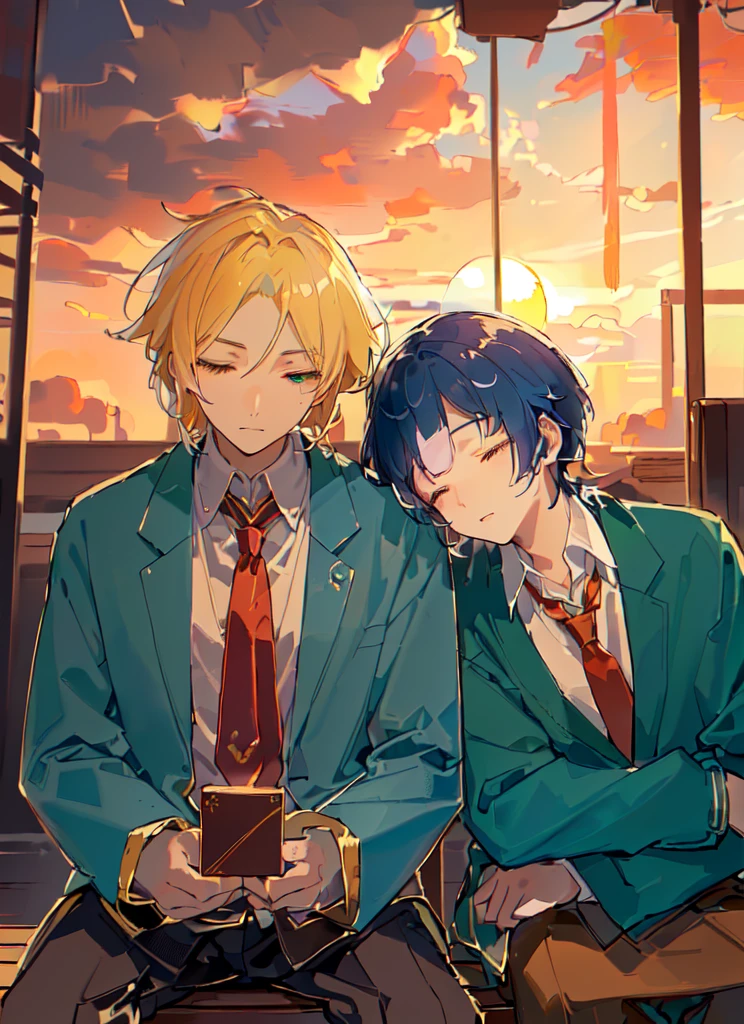 Two boys，Shoulder to Shoulder，Close your eyes，sleep，The person on the left has blond hair，The person on the right has dark blue hair，Blue-green school uniform，White shirt，Red tie，Black pants，Sitting on a bench，背景是Sunset，Sunset，sunset，美丽的Sunset，Sunset光影，Backlight，Correct warm lighting，8K，Correct human body，Detailed eye painting，illustration，Highest quality，Exquisite，Detailed face，Masterpiece，flat chest，Slim，young，16 years old，High-end，Hand Painted，Official Fanart, Visual novel, Anime style，Girly Romance, Produced by Anime Painter Studio，masterpiece, best quality, Sharp focus, Intricate details, Perfect, Golden Ratio Composition, 8K resolution, High resolution, fair, fair sky, Vibrant pastel colors, Vibrant colors