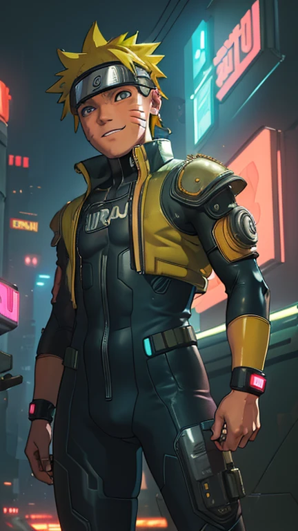 best quality,masterpiece,1boy,solo,(((13years old))),japanese boy,an extremely cute and handsome boy,highly detailed beautiful face and eyes,petit,cute face,lovely face,baby face,shy smile,show teeth, Yellow hair,Short hair,flat chest,skinny,slender,(((Uzumaki Naruto wearing a Cyberpunk Bodysuit ))),(((standing in Dark Midnight Neon Glow light Cyberpunk metropolis city))),he is looking at the viewer,jdgdrddcom