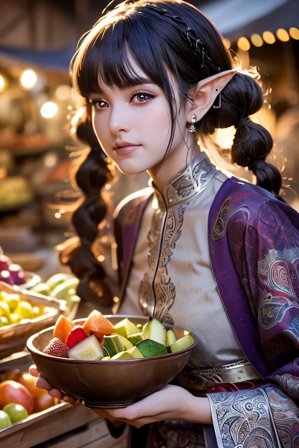 (Ultra-detailed face, bashful, pigtails:1.3), (Fantasy Illustration with Gothic & Ukiyo-e & Comic Art), (Full body, A middle-aged dark elf woman with silver hair, blunt bangs, very long pigtails and dark purple skin, lavender eyes), (She wears a hibiscus hair ornament, a white blouse of washed cotton and a purple rolled skirt with a paisley pattern, and leather sandals), BREAK (She is serving a small bowl of fresh vegetable and fruit salad to a customer in a medieval Asian port town market), BREAK (In the background, floating in the starry sky, is a tall, narrow, Middle Eastern-style stone clock tower, which appears to be crowded with townspeople)
