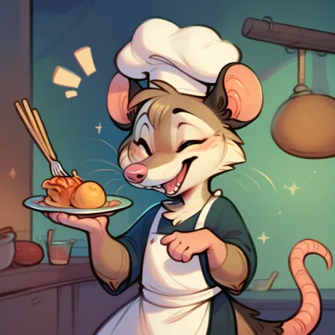 rat chef, semi-anthropomorphic, holding a fork in his left hand and chopsticks in his right hand, crossed over his chest, happy ...