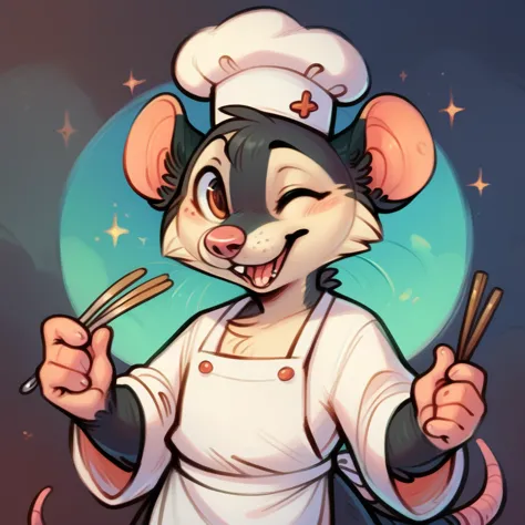 rat chef, semi-anthropomorphic, holding a fork in his left hand and chopsticks in his right hand, crossed over his chest, happy ...