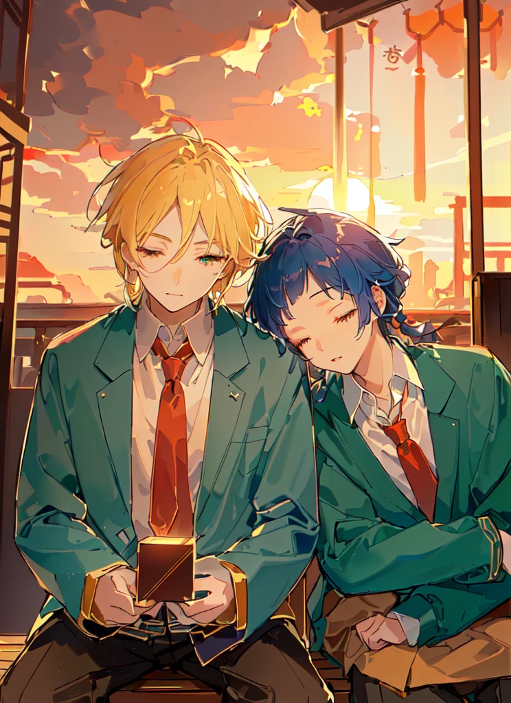 Two boys，Shoulder to Shoulder，Close your eyes，sleep，The person on the left has blond hair，The person on the right has dark blue hair，Blue-green school uniform，White shirt，Red tie，Black pants，Sitting on a bench，背景是Sunset，Sunset，sunset，美丽的Sunset，Sunset光影，Backlight，Correct warm lighting，8K，Correct human body，Detailed eye painting，illustration，Highest quality，Exquisite，Detailed face，Masterpiece，flat chest，Slim，young，16 years old，High-end，Hand Painted，Official Fanart, Visual novel, Anime style，Girly Romance, Produced by Anime Painter Studio，masterpiece, best quality, Sharp focus, Intricate details, Perfect, Golden Ratio Composition, 8K resolution, High resolution, fair, fair sky, Vibrant pastel colors, Vibrant colors