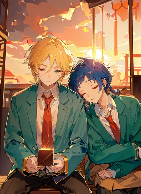 Two boys，Shoulder to Shoulder，Close your eyes，sleep，The person on the left has blond hair，The person on the right has dark blue ...