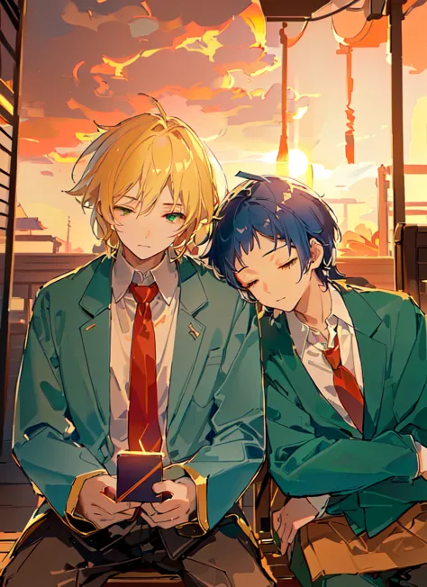 Two boys，Shoulder to Shoulder，Close your eyes，sleep，The person on the left has blond hair，The person on the right has dark blue ...