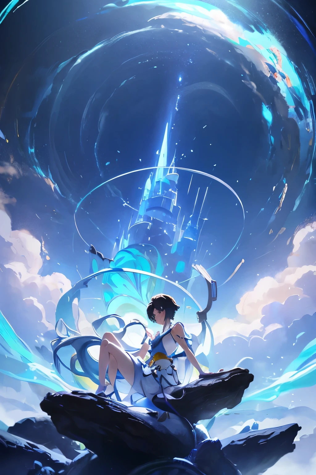 Anime girl sitting on a rock and looking at the sky,In the distance there is a tower reaching up into the sky, Shinkai Makoto cyril rolando, Anime Art Wallpaper 4K, Anime Art Wallpaper 4K, Cyril Rolando and Goro Fujita, anime art wallpaper 8 k, 4k anime wallpaper, Anime Wallpaper 4K, Anime Wallpaper 4K, ( ( Shinkai Makoto ) ), Shinkai Makoto!