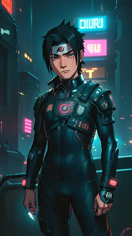 best quality,masterpiece,1boy,solo,(((13years old))),japanese boy,an extremely cute and handsome hoy,highly detailed handsome face and eyes,petit,cute face,lovely face,baby face,shy smile,show teeth, Black hair,short hair,flat chest,skinny,slender,(((Uchiha Sasuke wearing Cyberpunk Bodysuit))),(((standing in Dark Midnight Neon Glow light Cyberpunk Gotham city))),he is looking at the viewer,jdgdrddcom