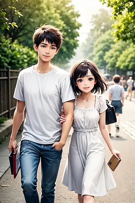 happy couple walking home from school, carrying books, sunny street background, 1boy, boy is smiling, has messy dark hair, weari...