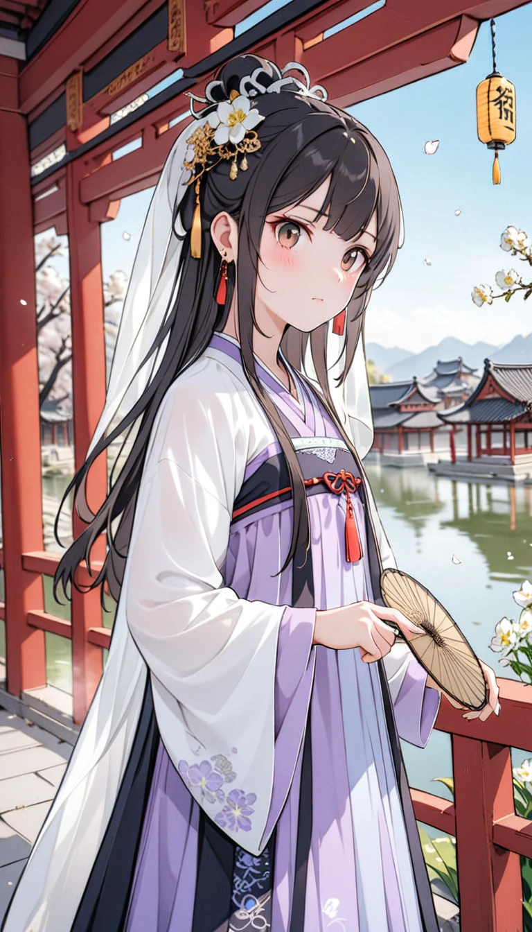 1 Girl,(Miyu Edelfeldt),,Solitary,Bangs,Brown_Eye,black hair,Hair Bun,Poker face,blush,flower,Beautiful and detailed_background,Small Breasts,Butterfly,(Purple gorgeous Hanfu, Jin style clothing),Gold trim,superior shan, Bust Skirt, cape coexist,earrings,mask,chain,face chain,((veil)),clearly,flower,General,x hair_Decorations,Hanfu,Keep_Round fan,((桃flower)),Jewelry,long_hair,Watching_exist_Viewer,suspicious,Sensitive,Solitary,tassel,tassel_earrings,superior_Body,(spring),Chinese architecture, Chinese, lake, Ancient Town, beautiful and meticulous wexister, (Fishing boexist), pavilion,steam,Surrounding by falling 桃flowers petals, He designed