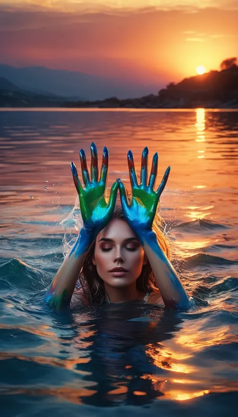 A woman with painted hands lies in the water at sunset, beautiful art uhd 4 k, realistische digitale Kunst 4k, realistische digi...