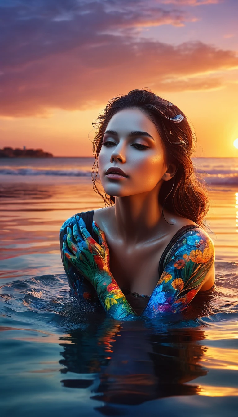 A woman with painted hands lies in the water at sunset, beautiful art uhd 4 k, realistische digitale Kunst 4k, realistische digitale Kunst 4 k, Beautiful digital artwork, 4k hochdetaillierte digitale Kunst, atemberaubende digitale Kunst, atemberaubende digitale Kunst, digitales Kunstwerk 4 k, 3d digital art 4k, digital art 4 k, digital art 4k