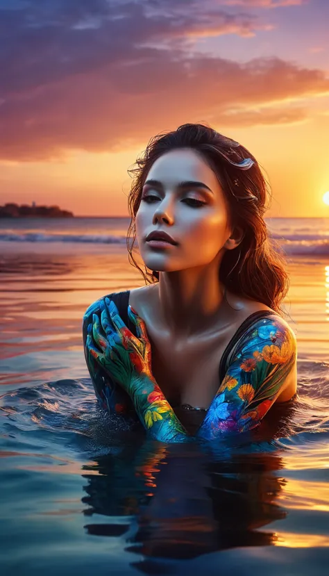 A woman with painted hands lies in the water at sunset, beautiful art uhd 4 k, realistische digitale Kunst 4k, realistische digi...