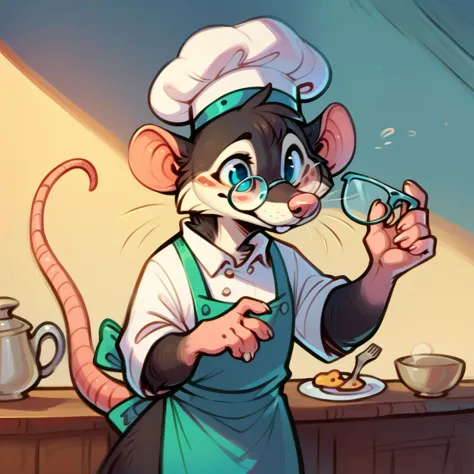 rat chef, semi-anthropomorphic, hand on glasses, curious expression, detailed facial features, chef hat, apron, detailed clothin...