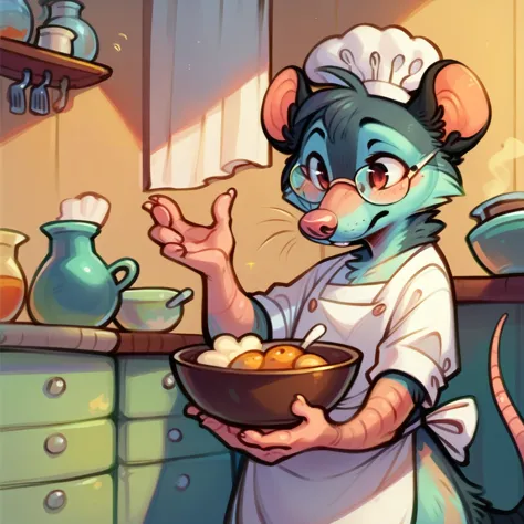 rat chef, semi-anthropomorphic, hand on glasses, curious expression, detailed facial features, chef hat, apron, detailed clothin...