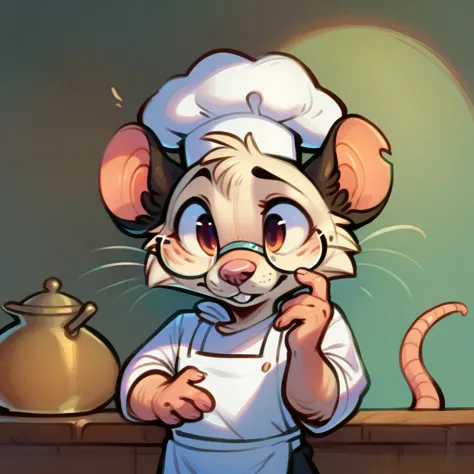 rat chef, semi-anthropomorphic, hand on glasses, curious expression, detailed facial features, chef hat, apron, detailed clothin...