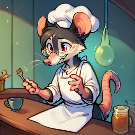 rat chef, semi-anthropomorphic, hand on glasses, curious expression, detailed facial features, chef hat, apron, detailed clothin...