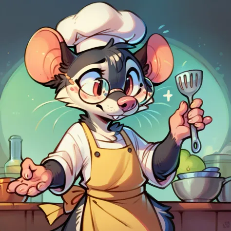 rat chef, semi-anthropomorphic, hand on glasses, curious expression, detailed facial features, chef hat, apron, detailed clothin...