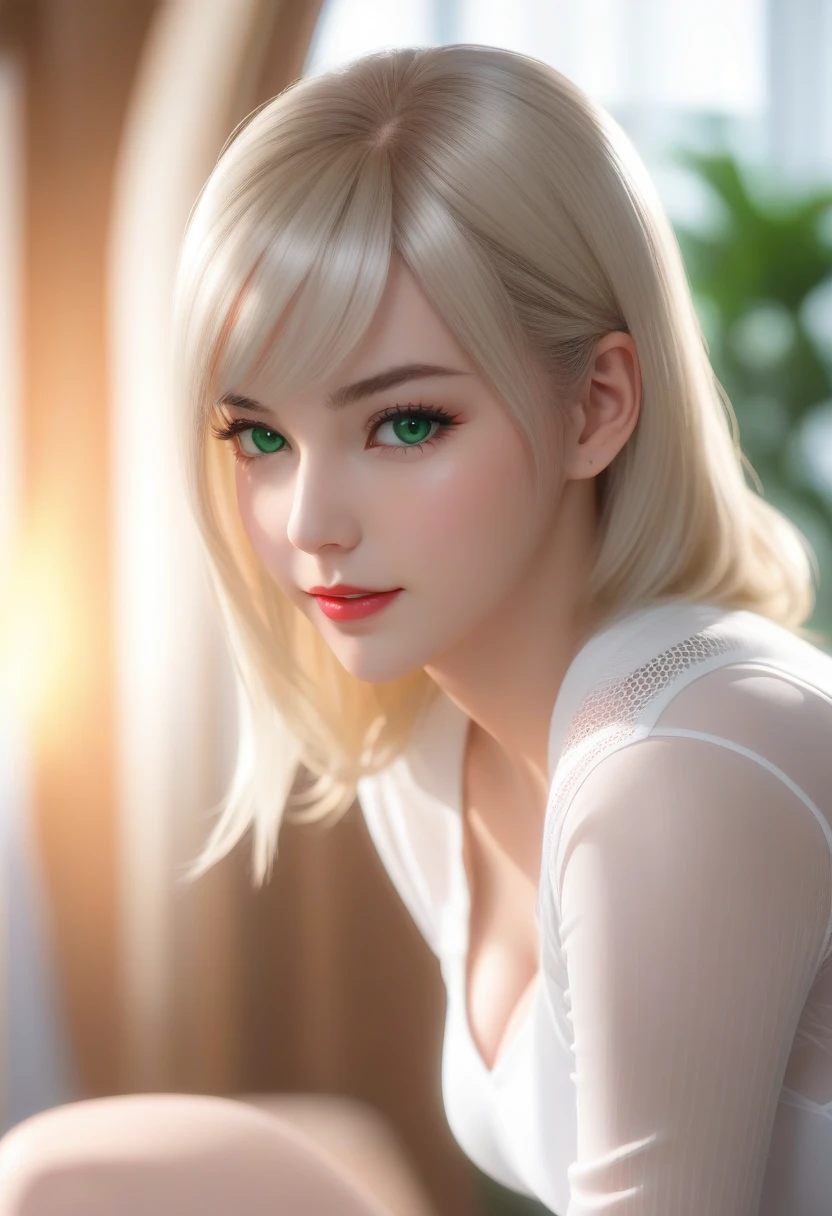 NSWF, (1 Mädchen, Allein:1.3), ultra-realistisch, fotorealistisch, Arsch Fokus, perfekter Arsch, Gwen Stacy, sexy Pose, Arschansicht, Beine zusammen, weißes Schulhemd, Weiße Netzstrumpfhose, weißer Rock, weißer Kreis, sonnenlicht hintergrund, roter Lippenstift, glattes Haar, weißes Haar, Weiße Augen, ultra Detaillierte Augen, smaragdgrüne Augen, Fokus Augen, Fokus auf die Augen, sexy, erotisch, NSWF, perfektes Gesicht, detailliertes Gesicht, grüne Augen, Detaillierte Augen, Meisterwerk, Lewd body, Hentai-Körper, ultra sexy Körper, ultra erotisch, sexy, erotisch, Lewd,  niedliches Gesicht,  hd, HDR, beste Qualität, viele Details, ultrascharf, Extrem detailliert, bunt, hypnotisierend eyes, Bezauberndes Lächeln, Perfekte Proportionen, strahlender Teint, verführerischer Blick, weiblicher Charme, zeitlose Schönheit, sehr detailliert, scharfer Fokus, sanfte Beleuchtung, verträumte Atmosphäre, rich color palette, Komplementärfarben, 8K-Auflösung, octane render, Raytracing, HDR, fotorealistisch, Meisterwerk, Preisgekrönt, Trends auf ArtStation, Globale Beleuchtung, hyperdetaillierte Hautstruktur, Zauberhaft, hypnotisierend, unvergesslich