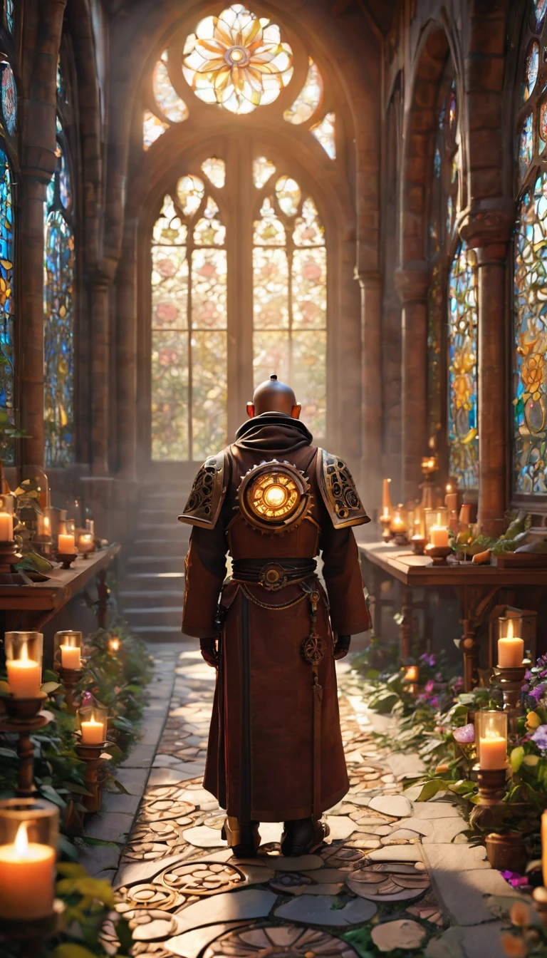 (best quality,4k,8k,highres,masterpiece:1.2),ultra-detailed,(realistic,photorealistic,photo-realistic:1.37),medieval monastery garden,steampunk robot monk,beautiful ornate architecture,steampunk machinery and gears,exquisite stained glass windows,enchanted flower garden,ancient stone walkway with intricate carvings,glowing candles and dimly lit atmosphere,steam and smoke billowing from the machinery,mystical atmosphere,peaceful and serene setting,mechanical wings attached to the robot monk's back,robot monk with intricate clockwork mechanisms,electromechanical eyes glowing with energy,warm golden color palette,gentle sunlight streaming through the stained glass windows,whispering sound of wind and rustling leaves,the scent of aged books and incense,notes of ancient Gregorian chants echoing in the air,sense of awe and tranquility,combination of futuristic and medieval elements,harmony of technology and spirituality.