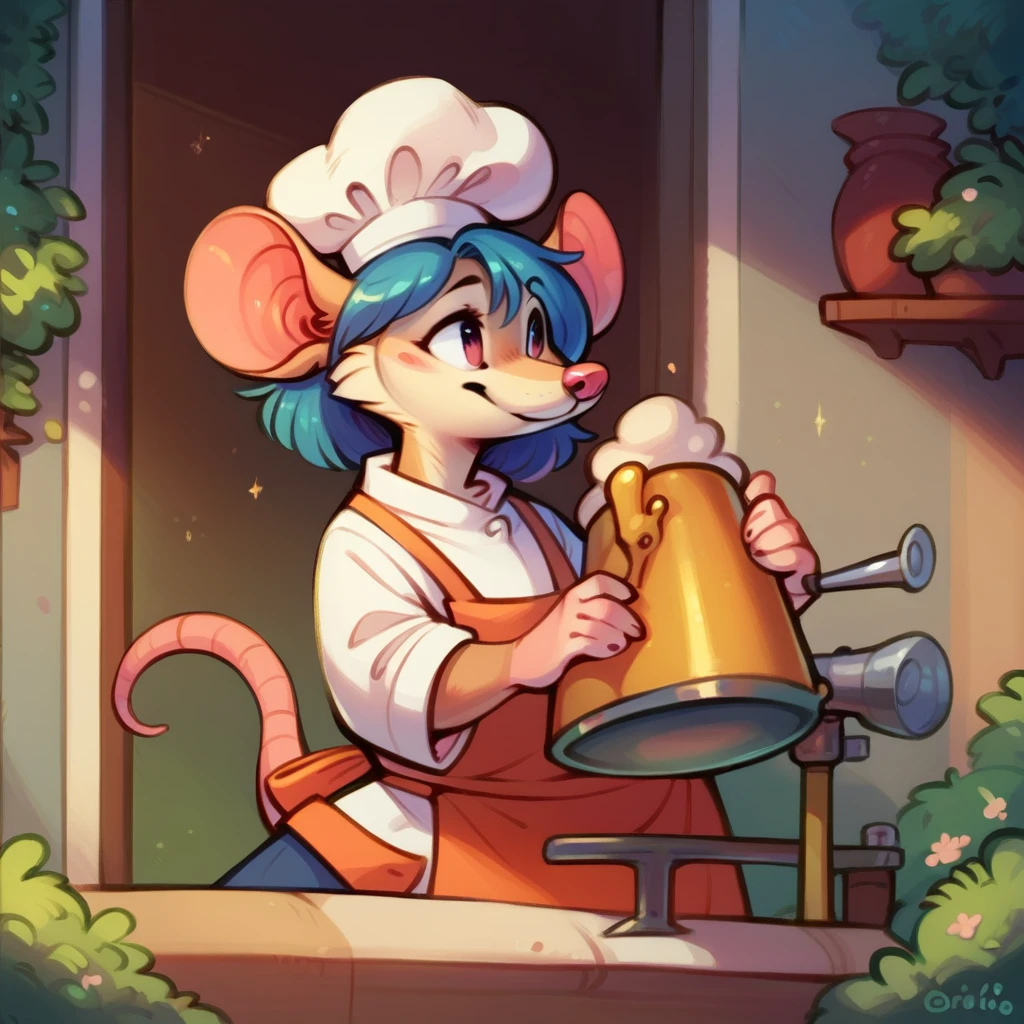 Mouse chef, semi-anthropomorphic, holding a telescope in his hand and looking into the distance, detailed facial features, chef hat, apron, detailed clothing, complex textures, high quality, realistic, 8K, masterpiece, cinematic lighting, warm tones