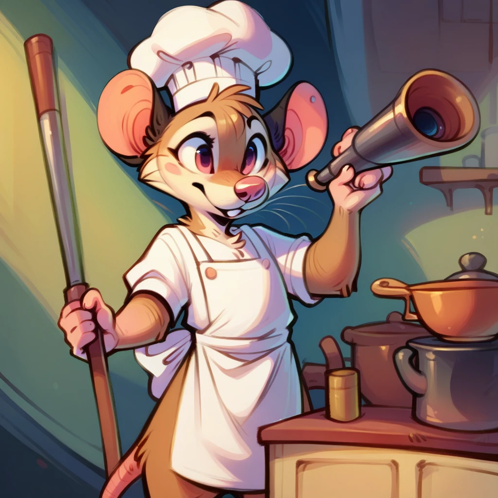 Mouse chef, semi-anthropomorphic, holding a telescope in his hand and looking into the distance, detailed facial features, chef hat, apron, detailed clothing, complex textures, high quality, realistic, 8K, masterpiece, cinematic lighting, warm tones