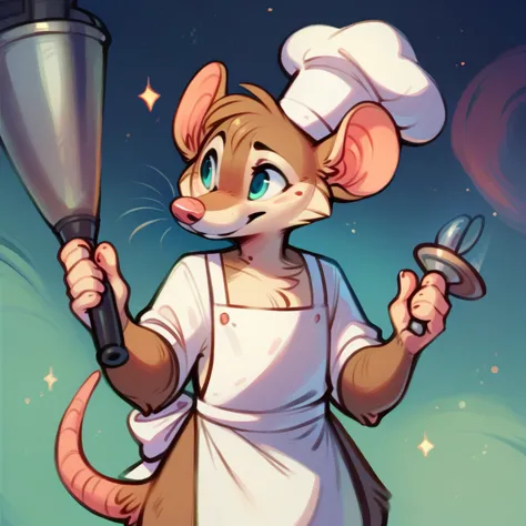 mouse chef, semi-anthropomorphic, holding a telescope in his hand and looking into the distance, detailed facial features, chef ...