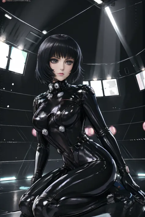  1girl,fayuiry,black hair, black eyes, perfect face, nice eyes and face, short hair, gantz bodysyuit, latex, black bodysuite, bo...