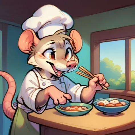 rat chef, semi-anthropomorphic, holding a fork in his left hand and chopsticks in his right hand, crossed over his chest, happy ...