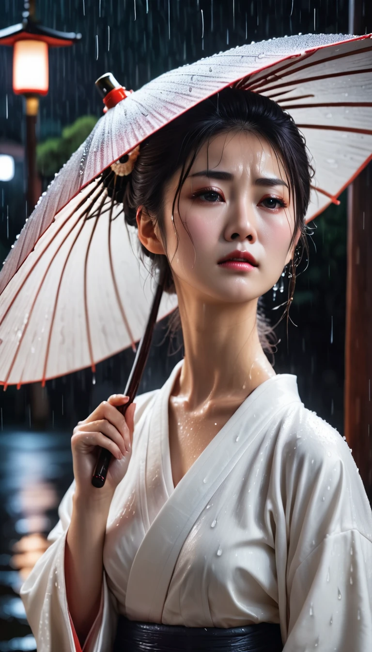 Frau im Regen durchnässt,  ein trauriger, Verzweifeltes Gesicht,   Trägt einen schlichten weißen Kimono,  Dunkler japanischer Schrein bei Nacht, Realistisch, Atemberaubend hochwertige Fotos, 