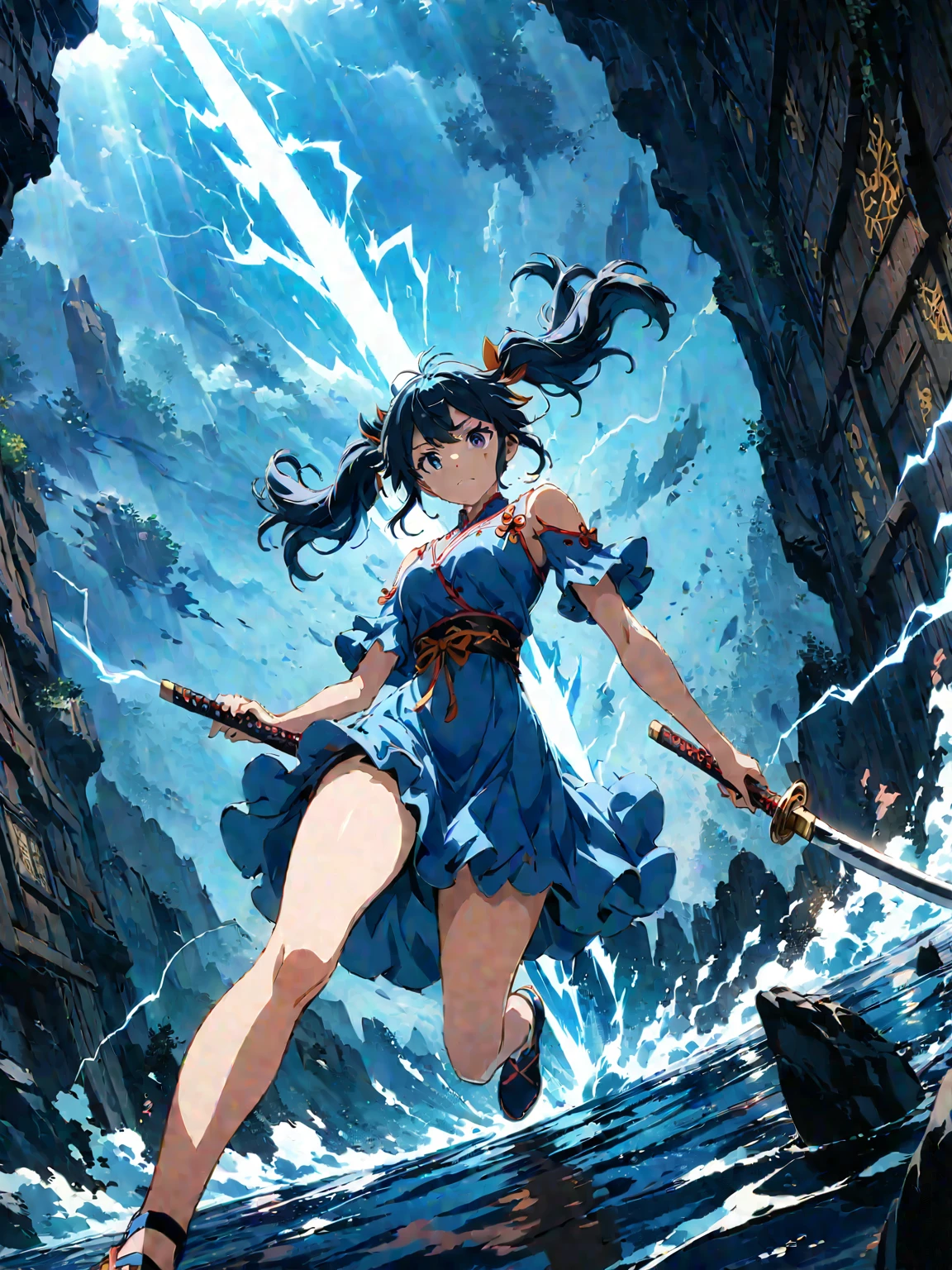 (girl with twin tails:1.3), (2020s Anime screenshot:1.3), (SAMURAI Girl anime character:1.3), (close-up eye shot:1.2), (low angle view:1.2), (lightning slash:1.3), (Chinese sword:1.3), (slashing lightning with motion blur:1.2), (swirling motion around the sword:1.2), (action scene:1.2), (floating:1.2), (fish eye lens:1.2), (Jump | Running | Inversion | Spin:1.2), (anime girl in blue dress flying with sword in the sky:1.3), (Makoto Shinkai Cyril Rolando:1.2), (wallpaper anime blue water:1.2), (4k anime wallpaper:1.3), (sword and wand - water:1.2), (anime style 4k:1.3), (anime wallpaper 4k:1.3), (anime wallpaper 4k:1.3), (anime girl walking on water:1.2), (anime epic artwork:1.2), (anime art wallpaper 4k:1.2), (anime art wallpaper 4k:1.2), (masterpiece:1.3), (best quality:1.3), (extremely detailed CG Unity 8k wallpaper:1.3), (best quality:1.3), (best illustration award:1.2), (best shadow:1.2), (absurd:1.2), (realistic lighting:1.3), (abyss:1.2), (beautiful detailed glow:1.2), (Peter MohrBacher art work:1.1)
