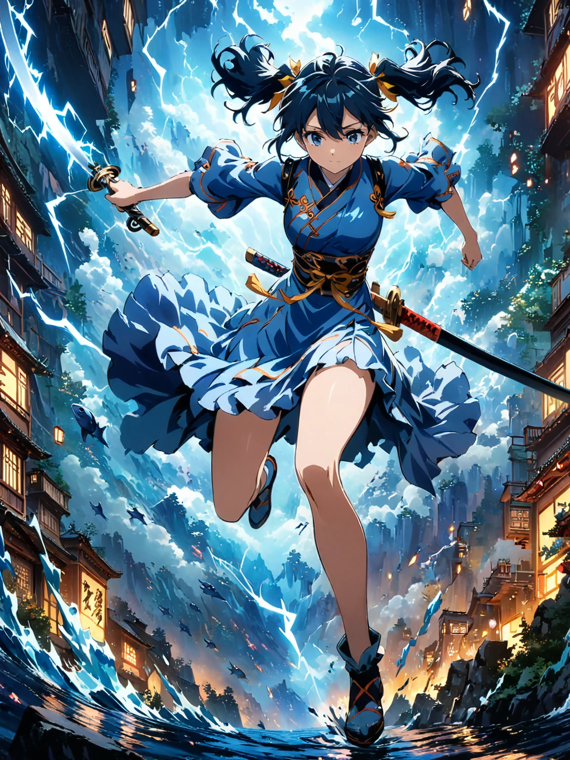 (girl with twin tails:1.3), (2020s Anime screenshot:1.3), (SAMURAI Girl anime character:1.3), (close-up eye shot:1.2), (low angle view:1.2), (lightning slash:1.3), (Chinese sword:1.3), (slashing lightning with motion blur:1.2), (swirling motion around the sword:1.2), (action scene:1.2), (floating:1.2), (fish eye lens:1.2), (Jump | Running | Inversion | Spin:1.2), (anime girl in blue dress flying with sword in the sky:1.3), (Makoto Shinkai Cyril Rolando:1.2), (wallpaper anime blue water:1.2), (4k anime wallpaper:1.3), (sword and wand - water:1.2), (anime style 4k:1.3), (anime wallpaper 4k:1.3), (anime wallpaper 4k:1.3), (anime girl walking on water:1.2), (anime epic artwork:1.2), (anime art wallpaper 4k:1.2), (anime art wallpaper 4k:1.2), (masterpiece:1.3), (best quality:1.3), (extremely detailed CG Unity 8k wallpaper:1.3), (best quality:1.3), (best illustration award:1.2), (best shadow:1.2), (absurd:1.2), (realistic lighting:1.3), (abyss:1.2), (beautiful detailed glow:1.2), (Peter MohrBacher art work:1.1)
