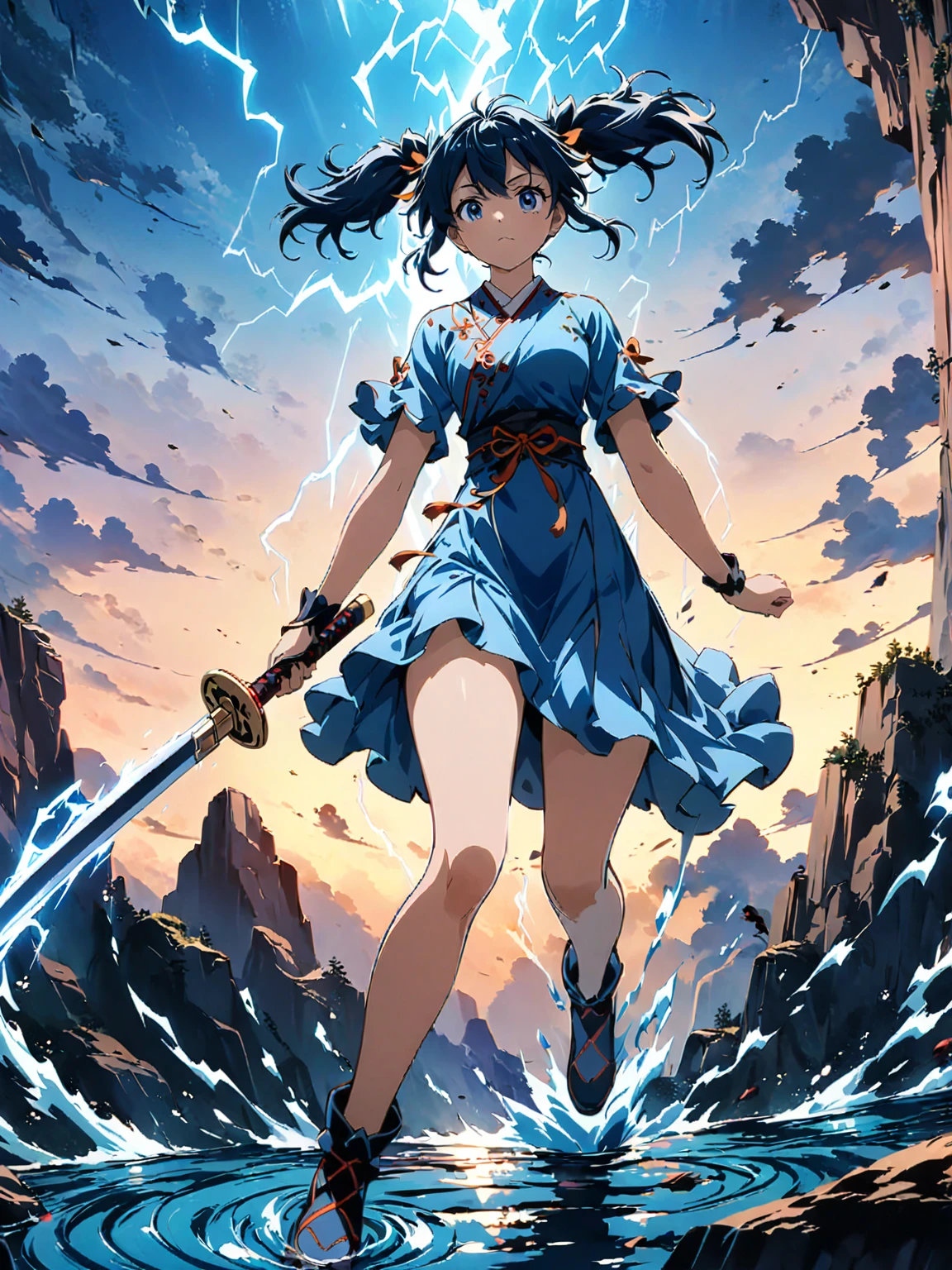 (girl with twin tails:1.3), (2020s Anime screenshot:1.3), (SAMURAI Girl anime character:1.3), (close-up eye shot:1.2), (low angle view:1.2), (lightning slash:1.3), (Chinese sword:1.3), (slashing lightning with motion blur:1.2), (swirling motion around the sword:1.2), (action scene:1.2), (floating:1.2), (fish eye lens:1.2), (Jump | Running | Inversion | Spin:1.2), (anime girl in blue dress flying with sword in the sky:1.3), (Makoto Shinkai Cyril Rolando:1.2), (wallpaper anime blue water:1.2), (4k anime wallpaper:1.3), (sword and wand - water:1.2), (anime style 4k:1.3), (anime wallpaper 4k:1.3), (anime wallpaper 4k:1.3), (anime girl walking on water:1.2), (anime epic artwork:1.2), (anime art wallpaper 4k:1.2), (anime art wallpaper 4k:1.2), (masterpiece:1.3), (best quality:1.3), (extremely detailed CG Unity 8k wallpaper:1.3), (best quality:1.3), (best illustration award:1.2), (best shadow:1.2), (absurd:1.2), (realistic lighting:1.3), (abyss:1.2), (beautiful detailed glow:1.2), (Peter MohrBacher art work:1.1)
