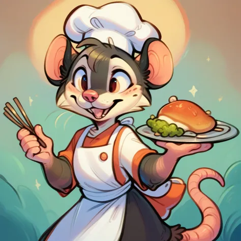 rat chef, semi-anthropomorphic, holding a fork in his left hand and chopsticks in his right hand, crossed over his chest, happy ...