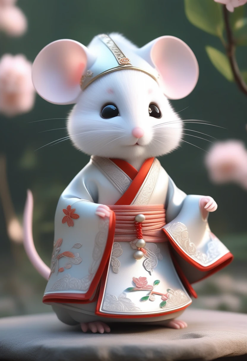 Little white mouse wearing soft Tang Dynasty Hanfu, Super cute, light, intricate filigree design, Pixar style, Anthropomorphic, big eyes, Smile, Peach Blossom, flow, charming, immortal, Fluffy, shiny bristles, leaf, fairy tale, Unreal Engine 5 and Octane Rendering, Extremely detailed, 4K, Hot Topics on Art Station, Gorgeous, Ultra wide angle, 4K --ar 10:16 --test--video--upbeta