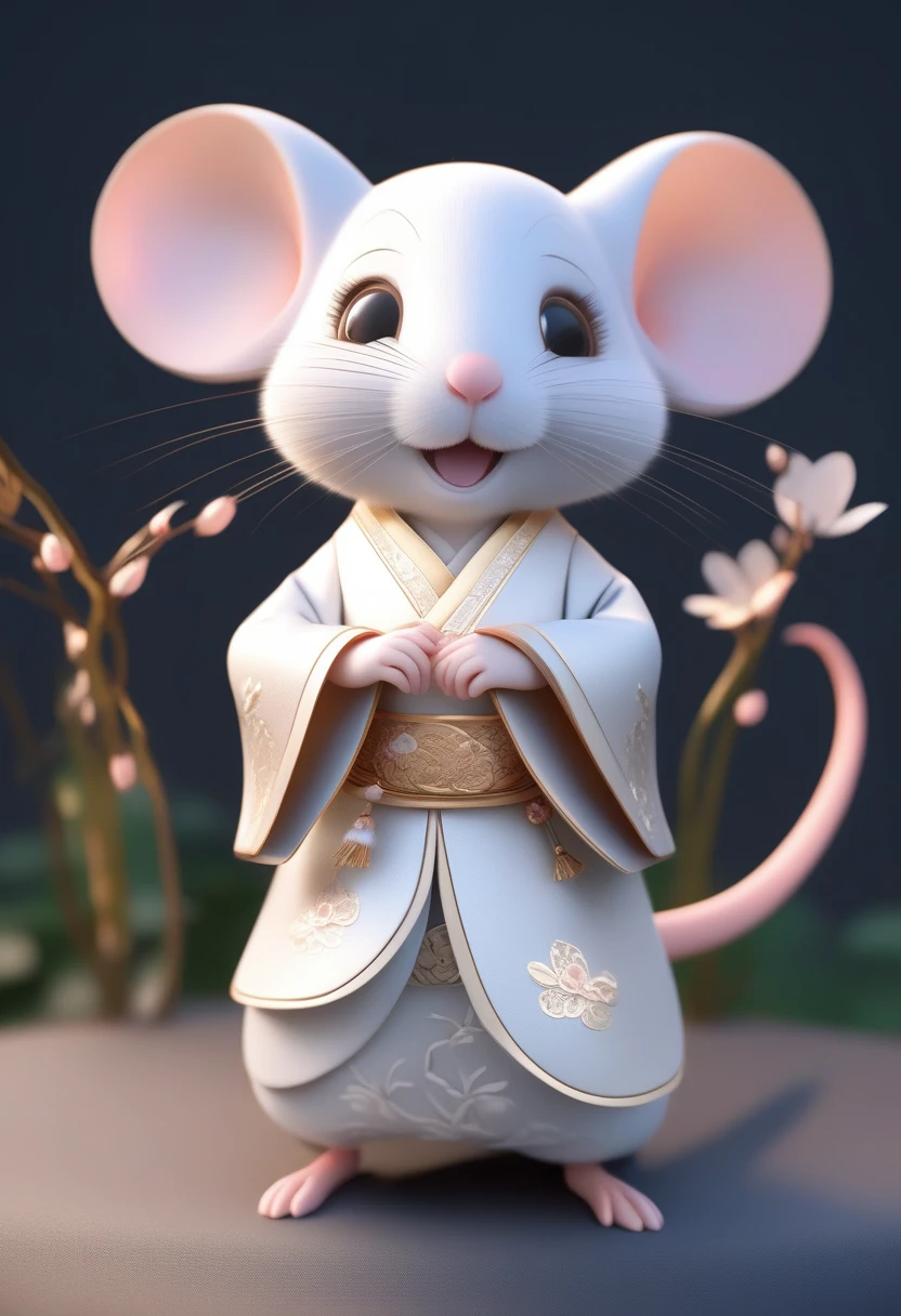 Little white mouse wearing soft Tang Dynasty Hanfu, Super cute, light, intricate filigree design, Pixar style, Anthropomorphic, big eyes, Smile, Peach Blossom, flow, charming, immortal, Fluffy, shiny bristles, leaf, fairy tale, Unreal Engine 5 and Octane Rendering, Extremely detailed, 4K, Hot Topics on Art Station, Gorgeous, Ultra wide angle, 4K --ar 10:16 --test--video--upbeta