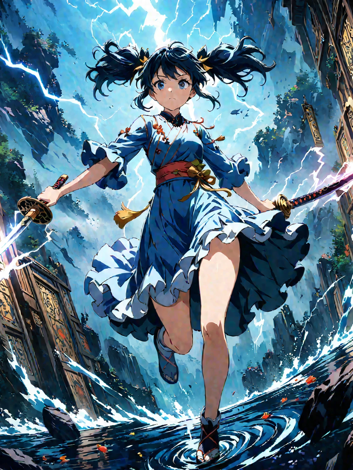 (girl with twin tails:1.3), (2020s Anime screenshot:1.3), (SAMURAI Girl anime character:1.3), (close-up eye shot:1.2), (low angle view:1.2), (lightning slash:1.3), (Chinese sword:1.3), (slashing lightning with motion blur:1.2), (swirling motion around the sword:1.2), (action scene:1.2), (floating:1.2), (fish eye lens:1.2), (Jump | Running | Inversion | Spin:1.2), (anime girl in blue dress flying with sword in the sky:1.3), (Makoto Shinkai Cyril Rolando:1.2), (wallpaper anime blue water:1.2), (4k anime wallpaper:1.3), (sword and wand - water:1.2), (anime style 4k:1.3), (anime wallpaper 4k:1.3), (anime wallpaper 4k:1.3), (anime girl walking on water:1.2), (anime epic artwork:1.2), (anime art wallpaper 4k:1.2), (anime art wallpaper 4k:1.2), (masterpiece:1.3), (best quality:1.3), (extremely detailed CG Unity 8k wallpaper:1.3), (best quality:1.3), (best illustration award:1.2), (best shadow:1.2), (absurd:1.2), (realistic lighting:1.3), (abyss:1.2), (beautiful detailed glow:1.2), (Peter MohrBacher art work:1.1)
