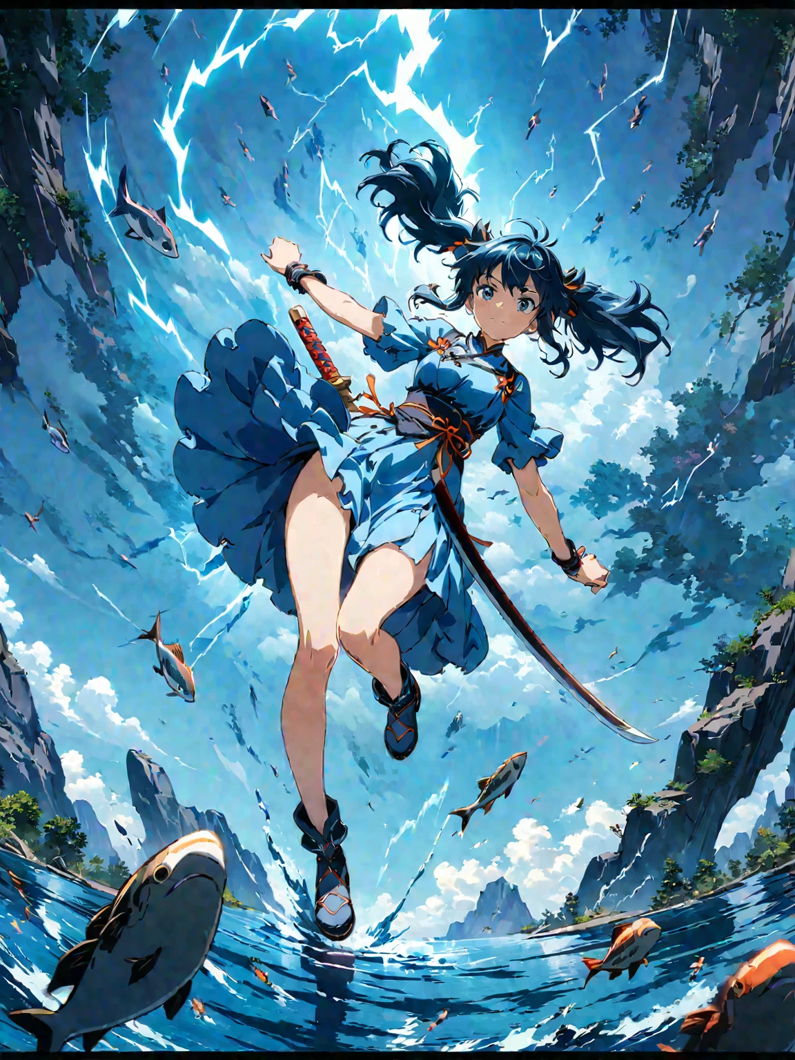 (girl with twin tails:1.3), (2020s Anime screenshot:1.3), (SAMURAI Girl anime character:1.3), (close-up eye shot:1.2), (low angle view:1.2), (lightning slash:1.3), (Chinese sword:1.3), (slashing lightning with motion blur:1.2), (swirling motion around the sword:1.2), (action scene:1.2), (floating:1.2), (fish eye lens:1.2), (Jump | Running | Inversion | Spin:1.2), (anime girl in blue dress flying with sword in the sky:1.3), (Makoto Shinkai Cyril Rolando:1.2), (wallpaper anime blue water:1.2), (4k anime wallpaper:1.3), (sword and wand - water:1.2), (anime style 4k:1.3), (anime wallpaper 4k:1.3), (anime wallpaper 4k:1.3), (anime girl walking on water:1.2), (anime epic artwork:1.2), (anime art wallpaper 4k:1.2), (anime art wallpaper 4k:1.2), (masterpiece:1.3), (best quality:1.3), (extremely detailed CG Unity 8k wallpaper:1.3), (best quality:1.3), (best illustration award:1.2), (best shadow:1.2), (absurd:1.2), (realistic lighting:1.3), (abyss:1.2), (beautiful detailed glow:1.2), (Peter MohrBacher art work:1.1)
