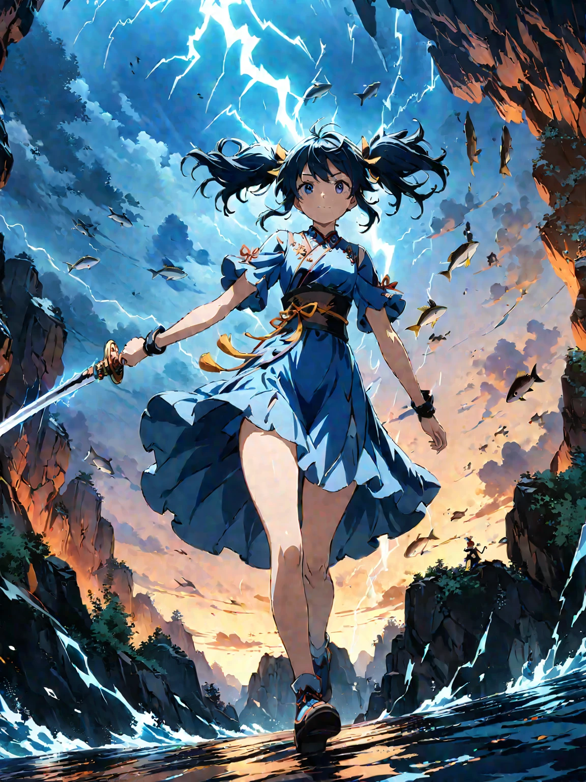 (girl with twin tails:1.3), (2020s Anime screenshot:1.3), (SAMURAI Girl anime character:1.3), (close-up eye shot:1.2), (low angle view:1.2), (lightning slash:1.3), (Chinese sword:1.3), (slashing lightning with motion blur:1.2), (swirling motion around the sword:1.2), (action scene:1.2), (floating:1.2), (fish eye lens:1.2), (Jump | Running | Inversion | Spin:1.2), (anime girl in blue dress flying with sword in the sky:1.3), (Makoto Shinkai Cyril Rolando:1.2), (wallpaper anime blue water:1.2), (4k anime wallpaper:1.3), (sword and wand - water:1.2), (anime style 4k:1.3), (anime wallpaper 4k:1.3), (anime wallpaper 4k:1.3), (anime girl walking on water:1.2), (anime epic artwork:1.2), (anime art wallpaper 4k:1.2), (anime art wallpaper 4k:1.2), (masterpiece:1.3), (best quality:1.3), (extremely detailed CG Unity 8k wallpaper:1.3), (best quality:1.3), (best illustration award:1.2), (best shadow:1.2), (absurd:1.2), (realistic lighting:1.3), (abyss:1.2), (beautiful detailed glow:1.2), (Peter MohrBacher art work:1.1)
