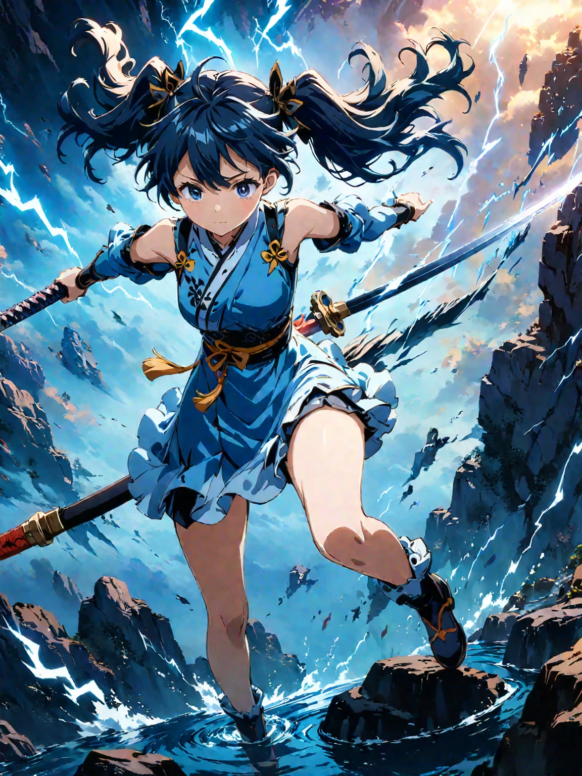 (girl with twin tails:1.3), (2020s Anime screenshot:1.3), (SAMURAI Girl anime character:1.3), (close-up eye shot:1.2), (low angle view:1.2), (lightning slash:1.3), (Chinese sword:1.3), (slashing lightning with motion blur:1.2), (swirling motion around the sword:1.2), (action scene:1.2), (floating:1.2), (fish eye lens:1.2), (Jump | Running | Inversion | Spin:1.2), (anime girl in blue dress flying with sword in the sky:1.3), (Makoto Shinkai Cyril Rolando:1.2), (wallpaper anime blue water:1.2), (4k anime wallpaper:1.3), (sword and wand - water:1.2), (anime style 4k:1.3), (anime wallpaper 4k:1.3), (anime wallpaper 4k:1.3), (anime girl walking on water:1.2), (anime epic artwork:1.2), (anime art wallpaper 4k:1.2), (anime art wallpaper 4k:1.2), (masterpiece:1.3), (best quality:1.3), (extremely detailed CG Unity 8k wallpaper:1.3), (best quality:1.3), (best illustration award:1.2), (best shadow:1.2), (absurd:1.2), (realistic lighting:1.3), (abyss:1.2), (beautiful detailed glow:1.2), (Peter MohrBacher art work:1.1)
