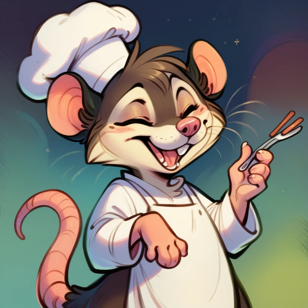 Rat chef, semi-anthropomorphic, holding a fork in his left hand and chopsticks in his right hand, crossed over his chest, happy and laughing expression, detailed facial features, chef hat, apron, detailed clothing, complex textures, high quality, realistic, 8K, masterpiece, cinematic lighting, warm tones