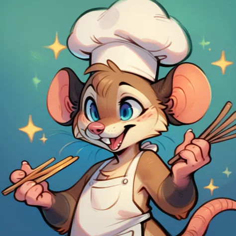 rat chef, semi-anthropomorphic, holding a fork in his left hand and chopsticks in his right hand, crossed over his chest, happy ...