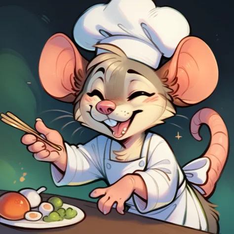 rat chef, semi-anthropomorphic, holding a fork in his left hand and chopsticks in his right hand, crossed over his chest, happy ...