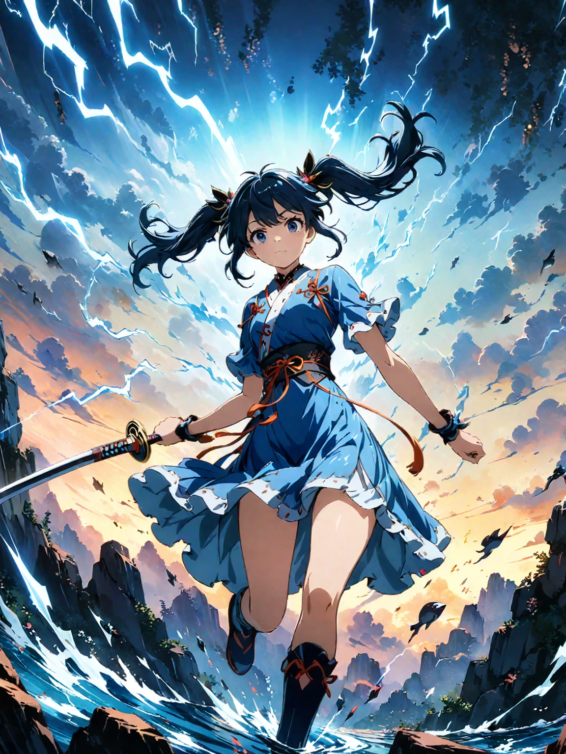 (girl with twin tails:1.3), (2020s Anime screenshot:1.3), (SAMURAI Girl anime character:1.3), (close-up eye shot:1.2), (low angle view:1.2), (lightning slash:1.3), (Chinese sword:1.3), (slashing lightning with motion blur:1.2), (swirling motion around the sword:1.2), (action scene:1.2), (floating:1.2), (fish eye lens:1.2), (Jump | Running | Inversion | Spin:1.2), (anime girl in blue dress flying with sword in the sky:1.3), (Makoto Shinkai Cyril Rolando:1.2), (wallpaper anime blue water:1.2), (4k anime wallpaper:1.3), (sword and wand - water:1.2), (anime style 4k:1.3), (anime wallpaper 4k:1.3), (anime wallpaper 4k:1.3), (anime girl walking on water:1.2), (anime epic artwork:1.2), (anime art wallpaper 4k:1.2), (anime art wallpaper 4k:1.2), (masterpiece:1.3), (best quality:1.3), (extremely detailed CG Unity 8k wallpaper:1.3), (best quality:1.3), (best illustration award:1.2), (best shadow:1.2), (absurd:1.2), (realistic lighting:1.3), (abyss:1.2), (beautiful detailed glow:1.2), (Peter MohrBacher art work:1.1)
