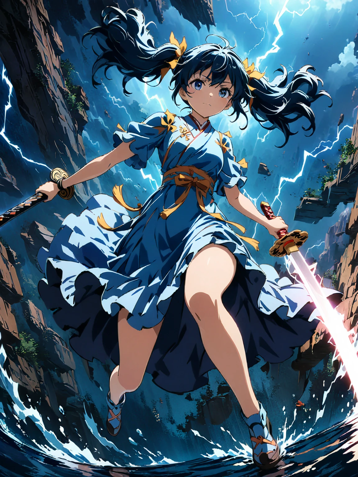 (girl with twin tails:1.3), (2020s Anime screenshot:1.3), (SAMURAI Girl anime character:1.3), (close-up eye shot:1.2), (low angle view:1.2), (lightning slash:1.3), (Chinese sword:1.3), (slashing lightning with motion blur:1.2), (swirling motion around the sword:1.2), (action scene:1.2), (floating:1.2), (fish eye lens:1.2), (Jump | Running | Inversion | Spin:1.2), (anime girl in blue dress flying with sword in the sky:1.3), (Makoto Shinkai Cyril Rolando:1.2), (wallpaper anime blue water:1.2), (4k anime wallpaper:1.3), (sword and wand - water:1.2), (anime style 4k:1.3), (anime wallpaper 4k:1.3), (anime wallpaper 4k:1.3), (anime girl walking on water:1.2), (anime epic artwork:1.2), (anime art wallpaper 4k:1.2), (anime art wallpaper 4k:1.2), (masterpiece:1.3), (best quality:1.3), (extremely detailed CG Unity 8k wallpaper:1.3), (best quality:1.3), (best illustration award:1.2), (best shadow:1.2), (absurd:1.2), (realistic lighting:1.3), (abyss:1.2), (beautiful detailed glow:1.2), (Peter MohrBacher art work:1.1)
