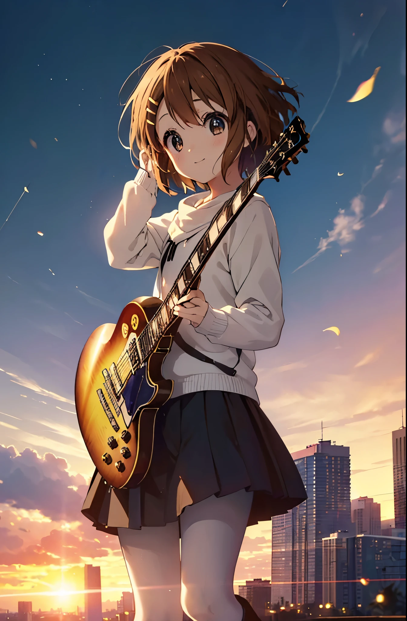 yuihirasawa, Yui Hirasawa, short hair, Brown Hair, hair ornaments, (Brown eyes:1.5),blush,smile,white oversized sweater,Black pleated skirt,White Pantyhose,short boots,Hair Clip,guitar(Gibson　Les Paul)Flip、smile、Overlooking the city from the top of the hill、Beautiful sunset、the wind is strong、whole bodyがイラストに入るように,
break otdoors, 丘
break looking at viewer, whole body、
break (masterpiece:1.2), Highest quality, High resolution, unity 8k wallpaper, (shape:0.8), (Beautiful and beautiful eyes:1.6), Highly detailed face, Perfect lighting, Highly detailed CG, (Perfect hands, Perfect Anatomy),
