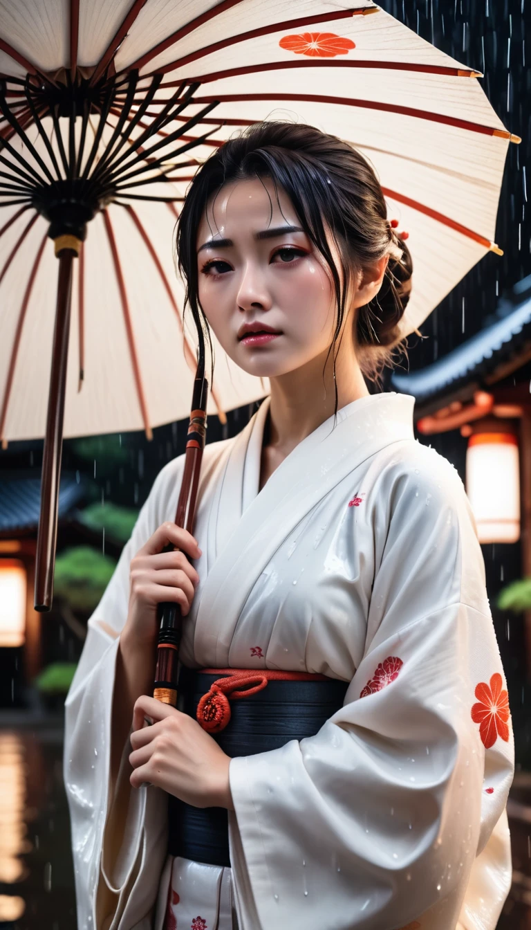 雨に濡れた女性,  悲しい, 絶望の顔,   白い着物を着る,  夜の暗い日本の神社, 現実的, 息を呑むほど高品質な写真, 