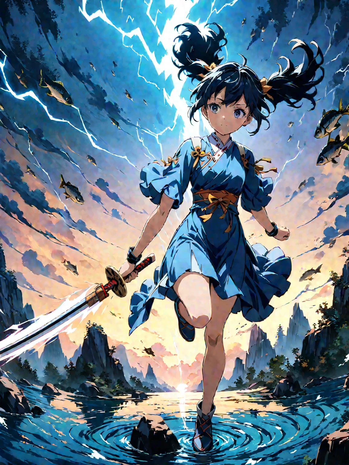 (girl with twin tails:1.3), (2020s Anime screenshot:1.3), (SAMURAI Girl anime character:1.3), (close-up eye shot:1.2), (low angle view:1.2), (lightning slash:1.3), (Chinese sword:1.3), (slashing lightning with motion blur:1.2), (swirling motion around the sword:1.2), (action scene:1.2), (floating:1.2), (fish eye lens:1.2), (Jump | Running | Inversion | Spin:1.2), (anime girl in blue dress flying with sword in the sky:1.3), (Makoto Shinkai Cyril Rolando:1.2), (wallpaper anime blue water:1.2), (4k anime wallpaper:1.3), (sword and wand - water:1.2), (anime style 4k:1.3), (anime wallpaper 4k:1.3), (anime wallpaper 4k:1.3), (anime girl walking on water:1.2), (anime epic artwork:1.2), (anime art wallpaper 4k:1.2), (anime art wallpaper 4k:1.2), (masterpiece:1.3), (best quality:1.3), (extremely detailed CG Unity 8k wallpaper:1.3), (best quality:1.3), (best illustration award:1.2), (best shadow:1.2), (absurd:1.2), (realistic lighting:1.3), (abyss:1.2), (beautiful detailed glow:1.2), (Peter MohrBacher art work:1.1)
